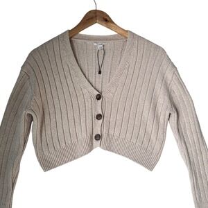 Garage Cropped Knit Cardigan Sweater Beige Button Front Ribbed V Neck Casual S/P